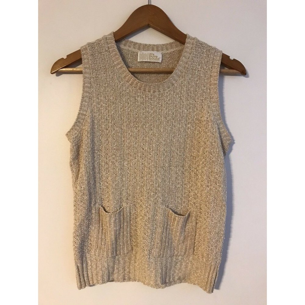 Vintage It's Pure Gould Cream Knit Sweater Vest Shirt Top Small Medium